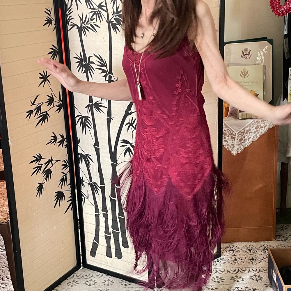Elegant Burgundy Feather Dress